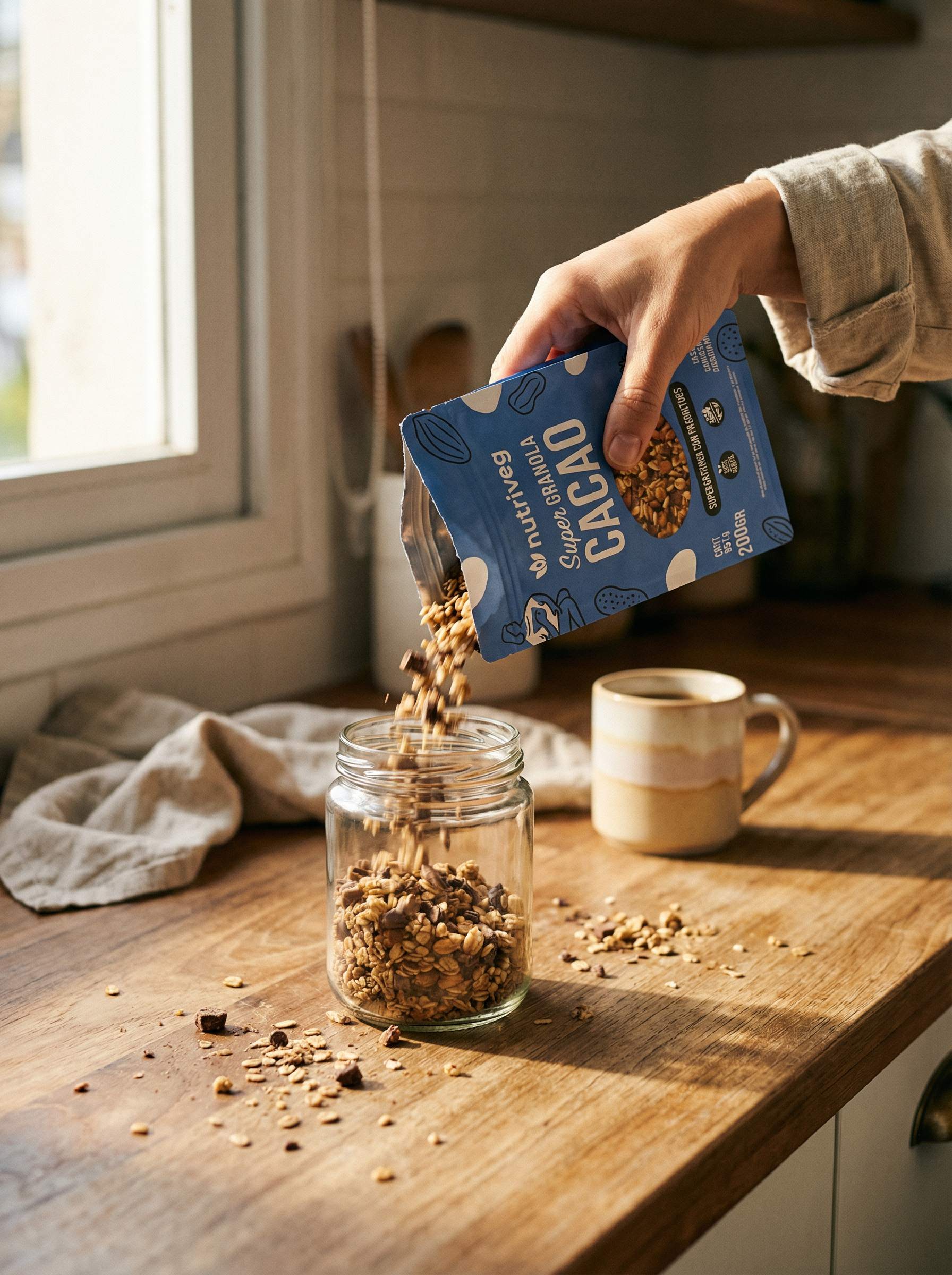 Granola vertiéndose en frasco